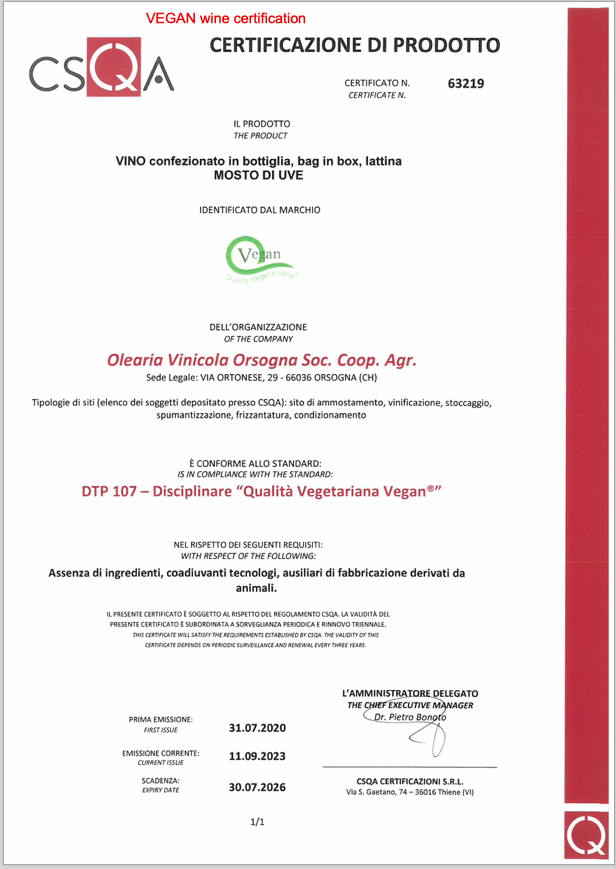 Orsogna ZEROPUR Landae Pinot Grigio IGP 750ml. Vegan, Biodynamic/organic, DEMETER