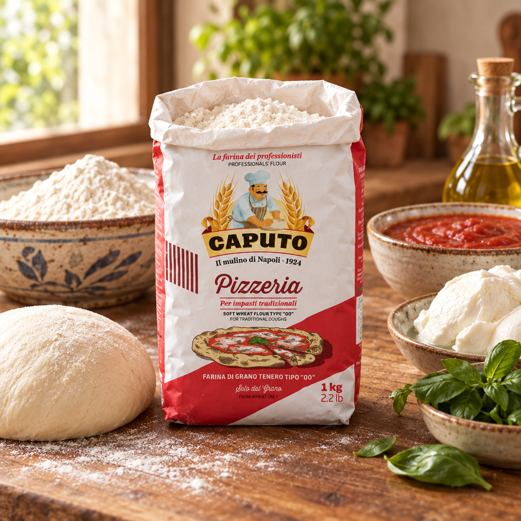 An open bag of Caputo Pizzeria flour in the foreground of a kitchen bench with a bowl of flour, a dough ball and pizza ingredients such as tomato sauce, mozzarella, basil and olive oil