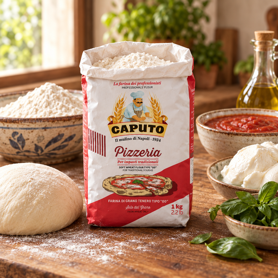 An open bag of Caputo Pizzeria flour in the foreground of a kitchen bench with a bowl of flour, a dough ball and pizza ingredients such as tomato sauce, mozzarella, basil and olive oil