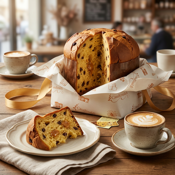 Casa Rinaldi panettone in its opened wrapper with a slice on a plate and a cappuccino