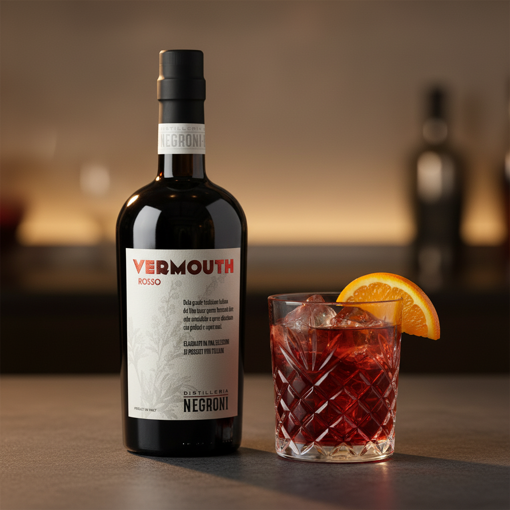 Distilleria Negroni Vermouth Rosso with a cut-glass tumbler, ice, and orange