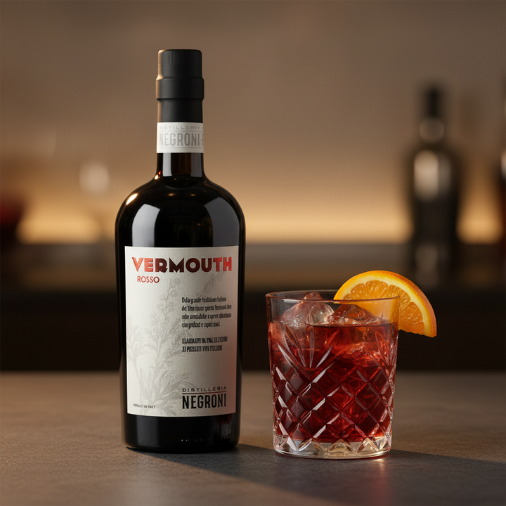 Distilleria Negroni Vermouth Rosso with a cut-glass tumbler, ice, and orange