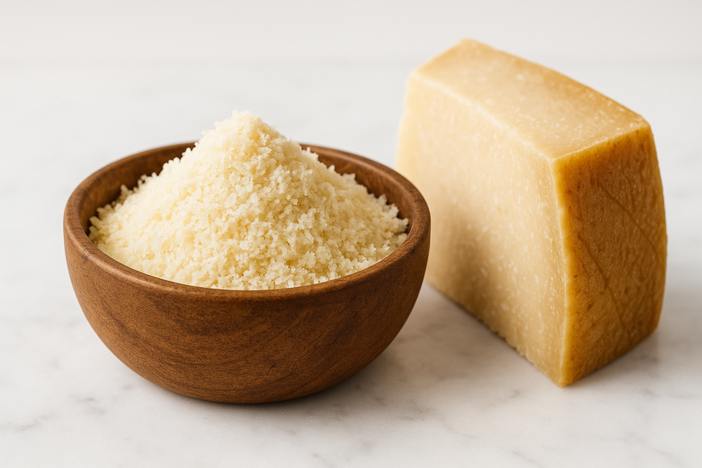 grated italian grana Padano cheese and a piece 