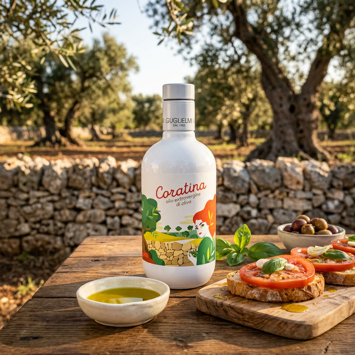 Coratina extra virgin olive oil with bruschetta and a dipping dish in a Puglian olive grove.