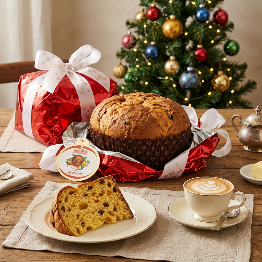 Albertengo Sovrano panettone with cappuccino and decorated Christmas tree