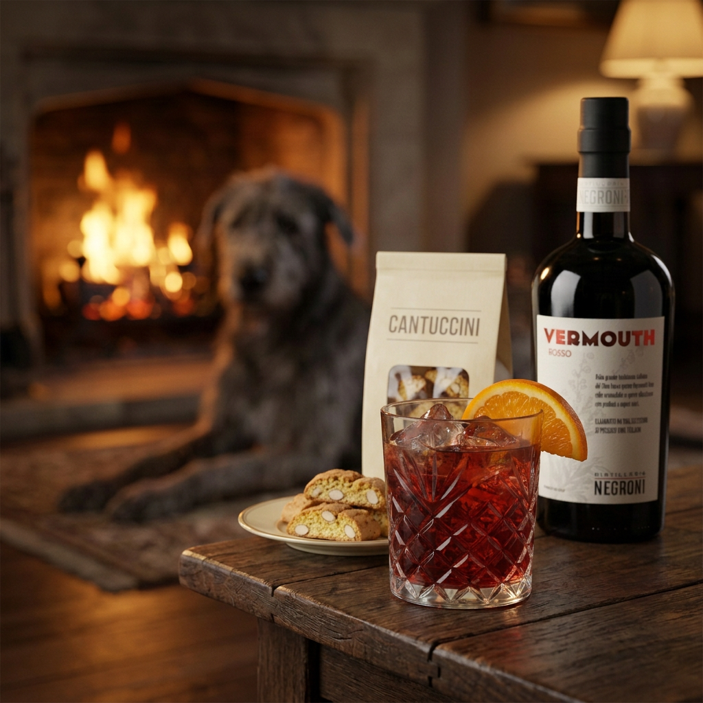 Vermouth Rosso fireside lifestyle with cantuccini