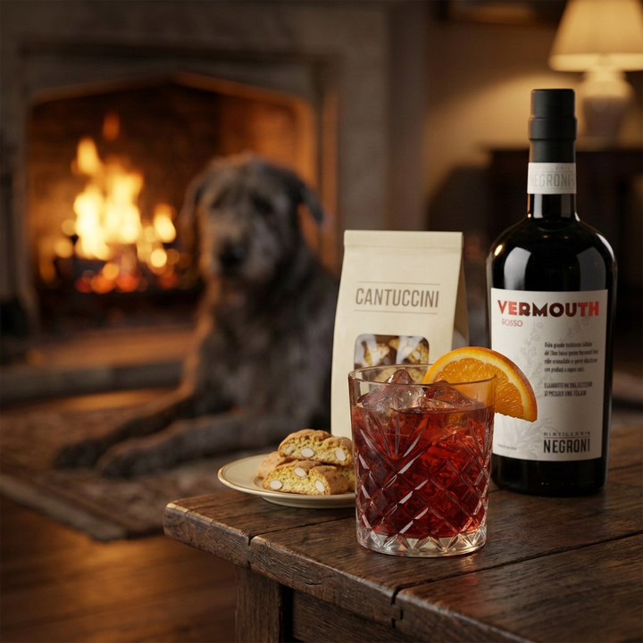 Vermouth Rosso fireside lifestyle with cantuccini