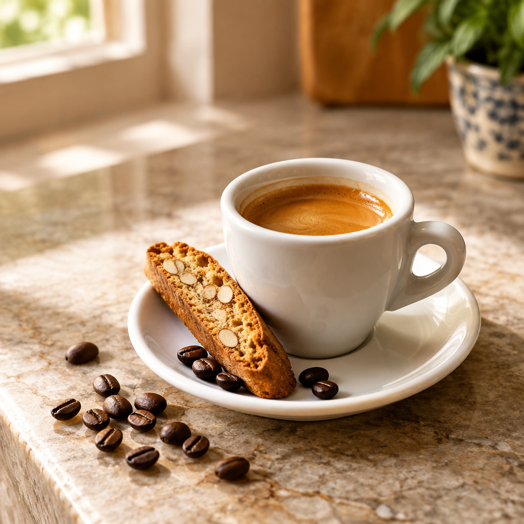 Double espresso with an Italian biscotti and roasted coffee beans on a kitchen counter