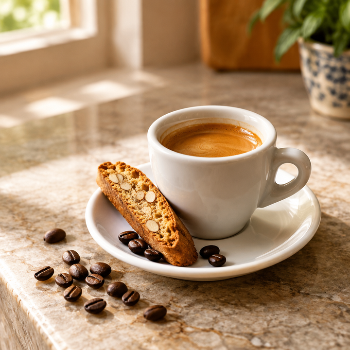 Double espresso with an Italian biscotti and roasted coffee beans on a kitchen counter