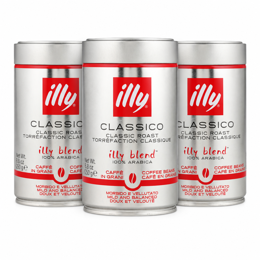 Three tins of illy Classico coffee beans, 250g each