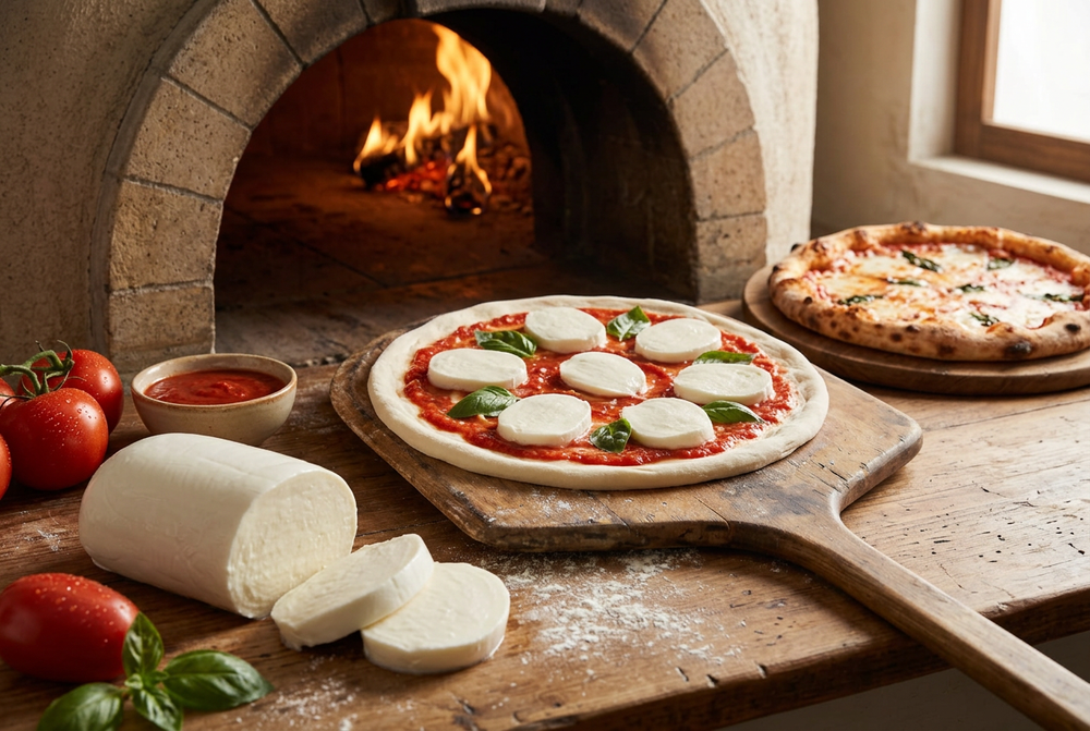 Fior di latte mozzarella log and slices beside a pizza on a paddle entering a wood-fired oven, with a cooked pizza behind.