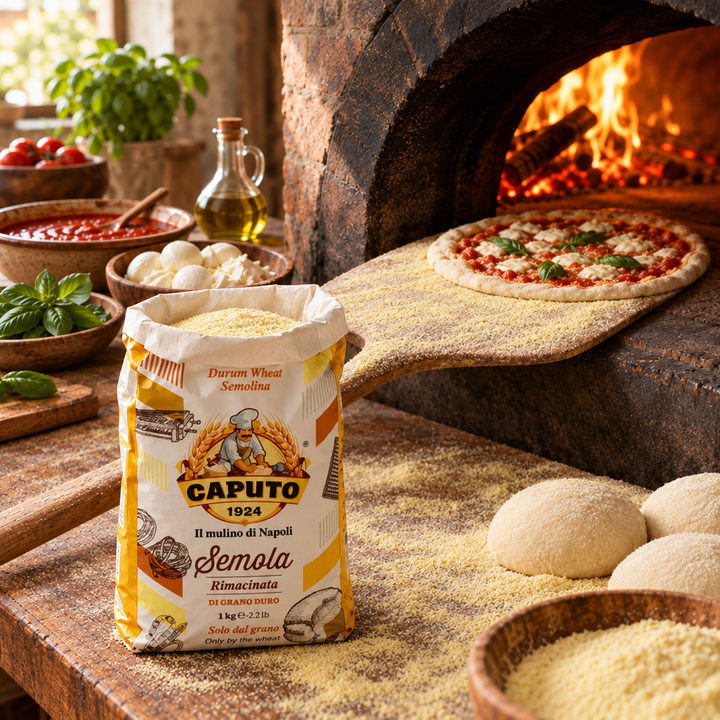 An open bag of Caputo Semola Rimacinata flour in the foreground of a pizzeria preparation scene, with a semolina-coated pizza paddle sliding a pizza into a wood-fired oven, dough balls and pizza ingredients in bowls and on boards