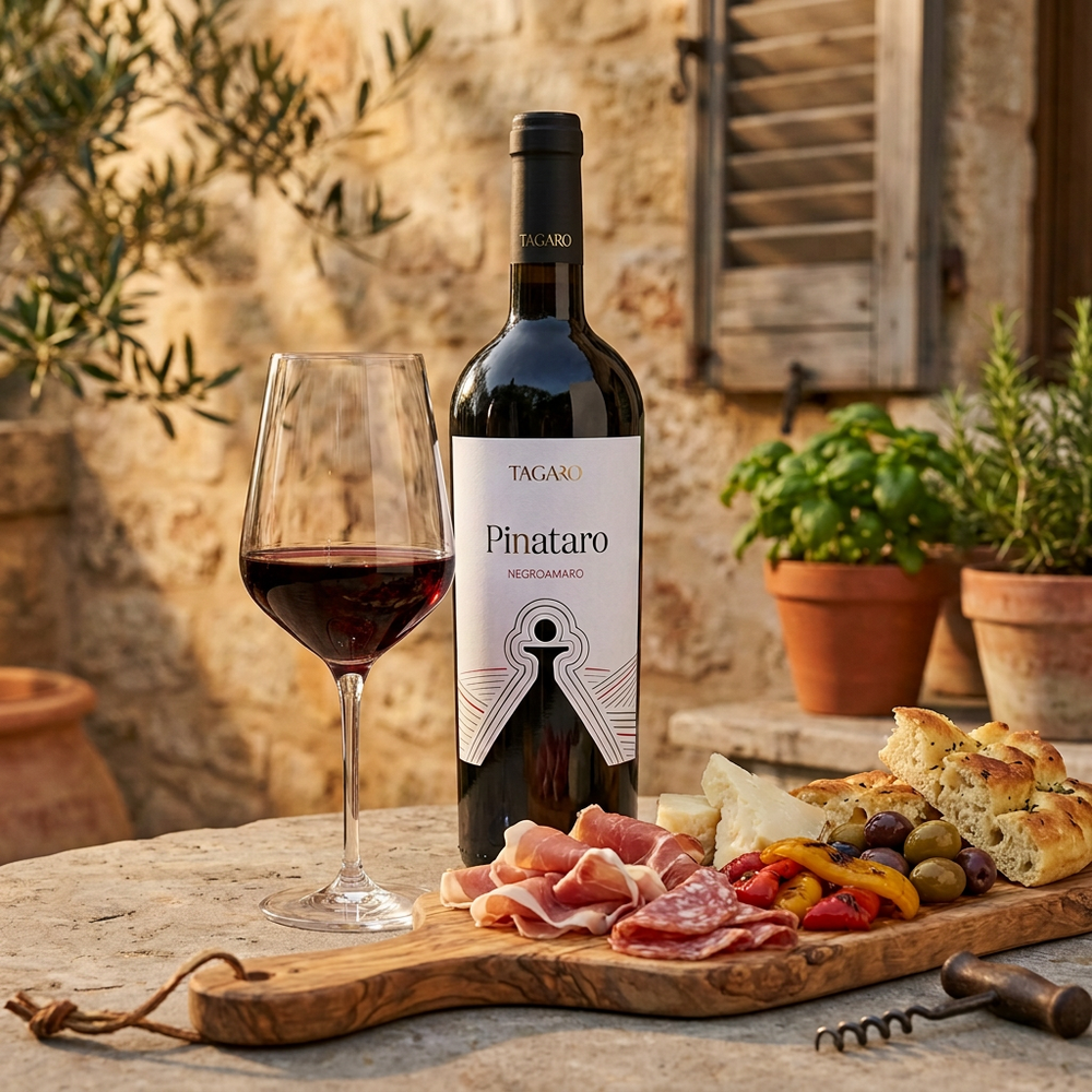 Tagaro Pinataro Negroamaro with rich red wine and antipasto on a rustic Puglian garden patio.