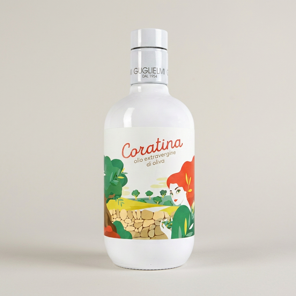 Coratina monocultivar extra virgin olive oil 500ml bottle on a warm-grey background.