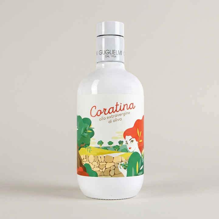 Coratina monocultivar extra virgin olive oil 500ml bottle on a warm-grey background.