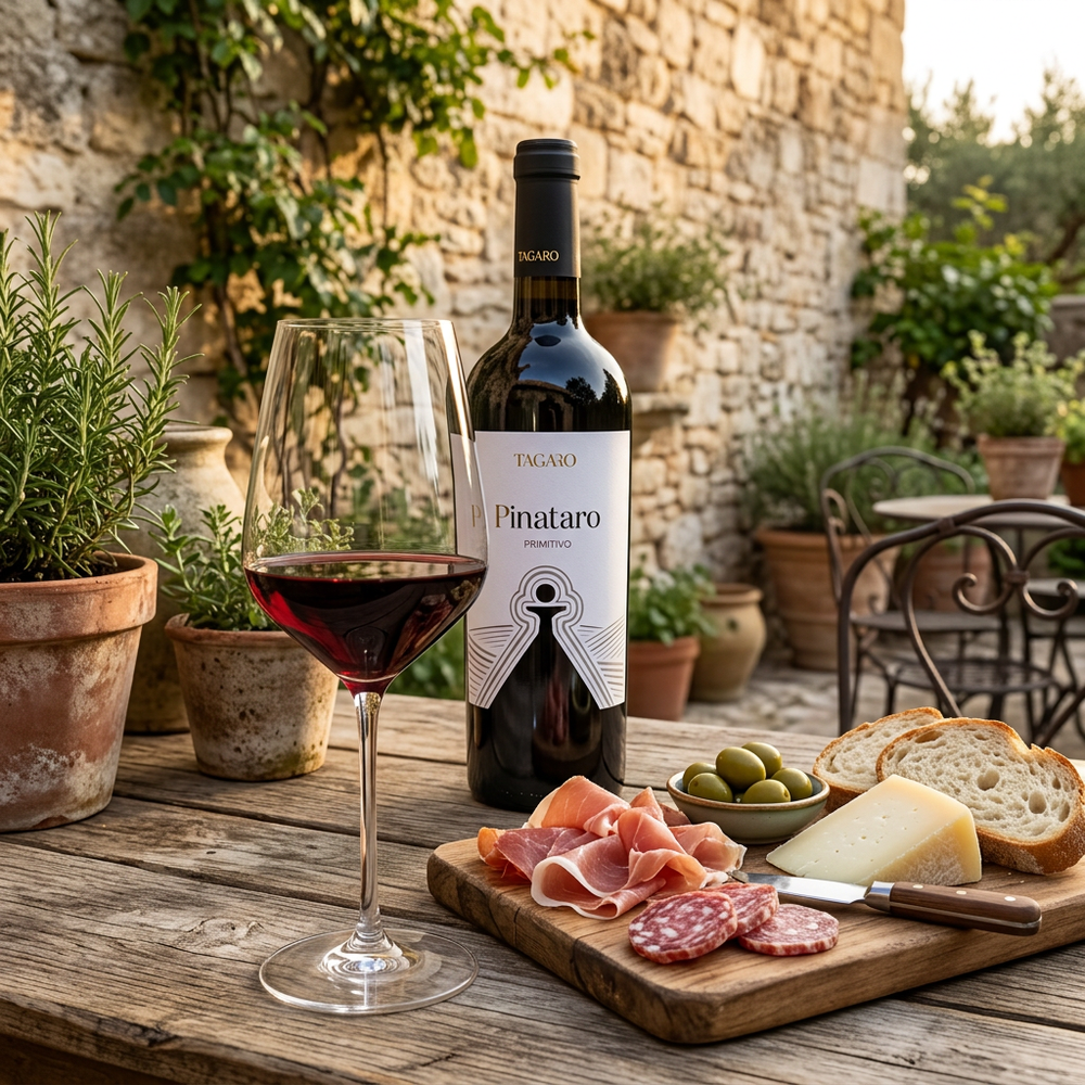 Tagaro Pinataro Primitivo with a glass of red wine and charcuterie in a Puglian stone courtyard.