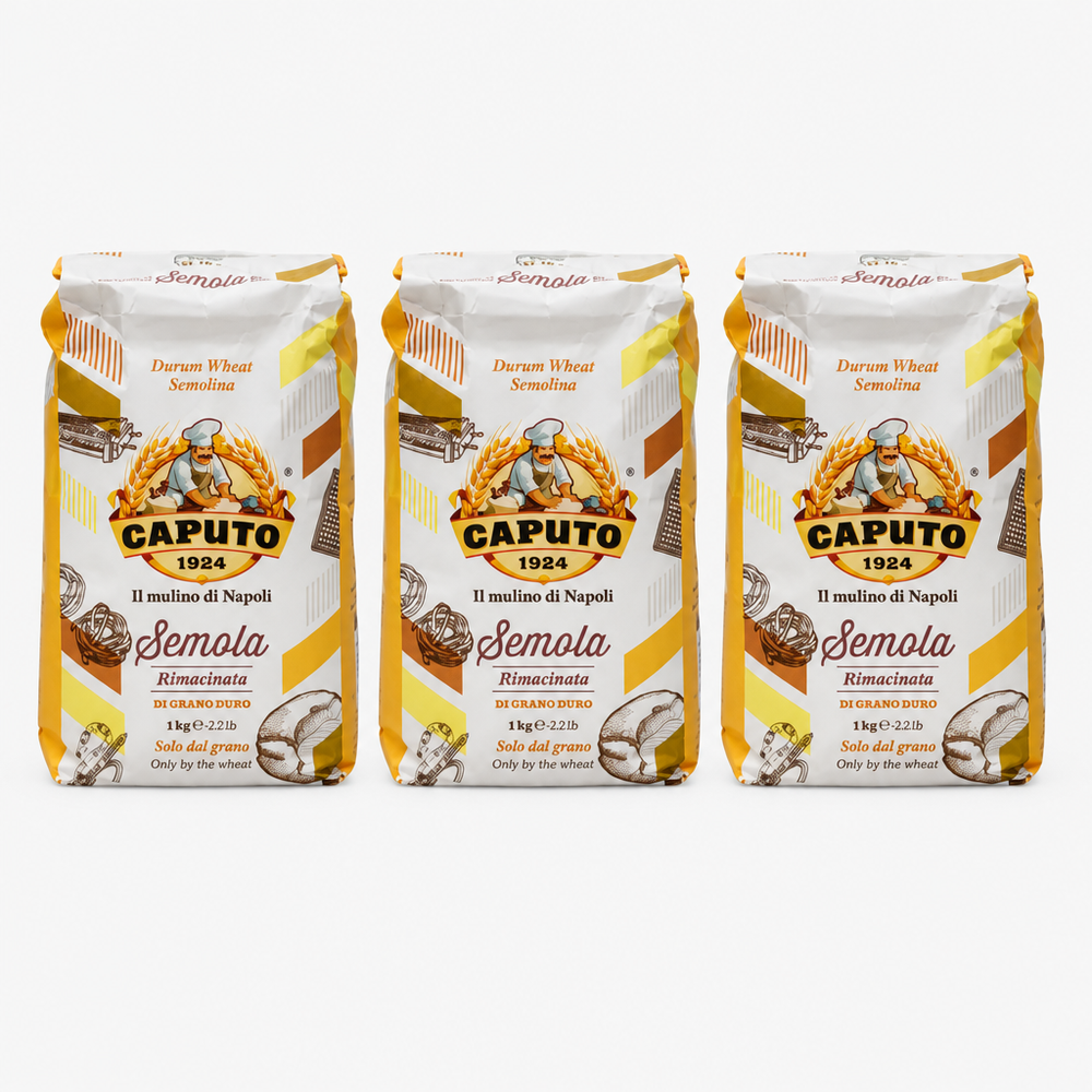 Three bags of Caputo Semola Rimacinata durum wheat semolina flour 1kg shown as a value pack