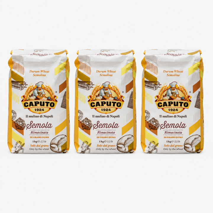 Three bags of Caputo Semola Rimacinata durum wheat semolina flour 1kg shown as a value pack