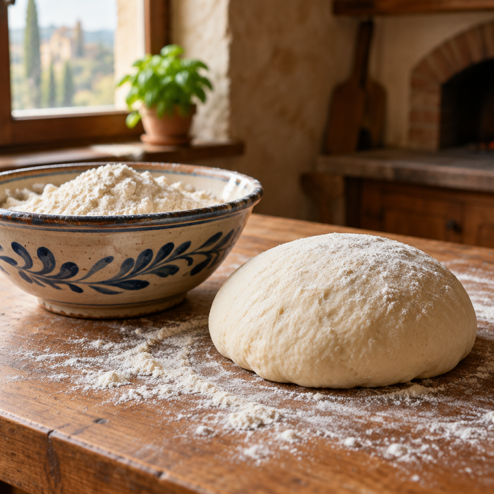 A bowl of flour and a ball of dough on a wooden bench in a rustic Italian kitchen