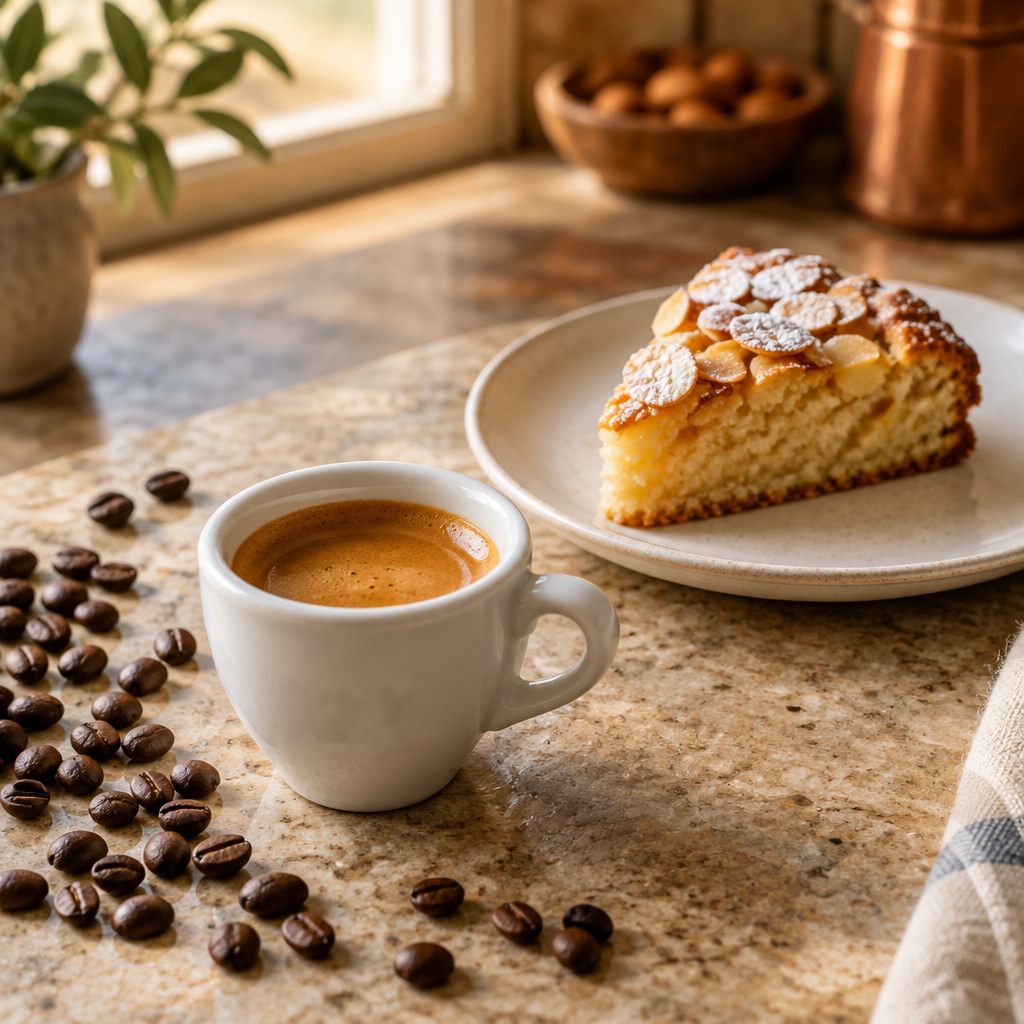 Espresso with Italian almond cake and roasted coffee beans in a kitchen