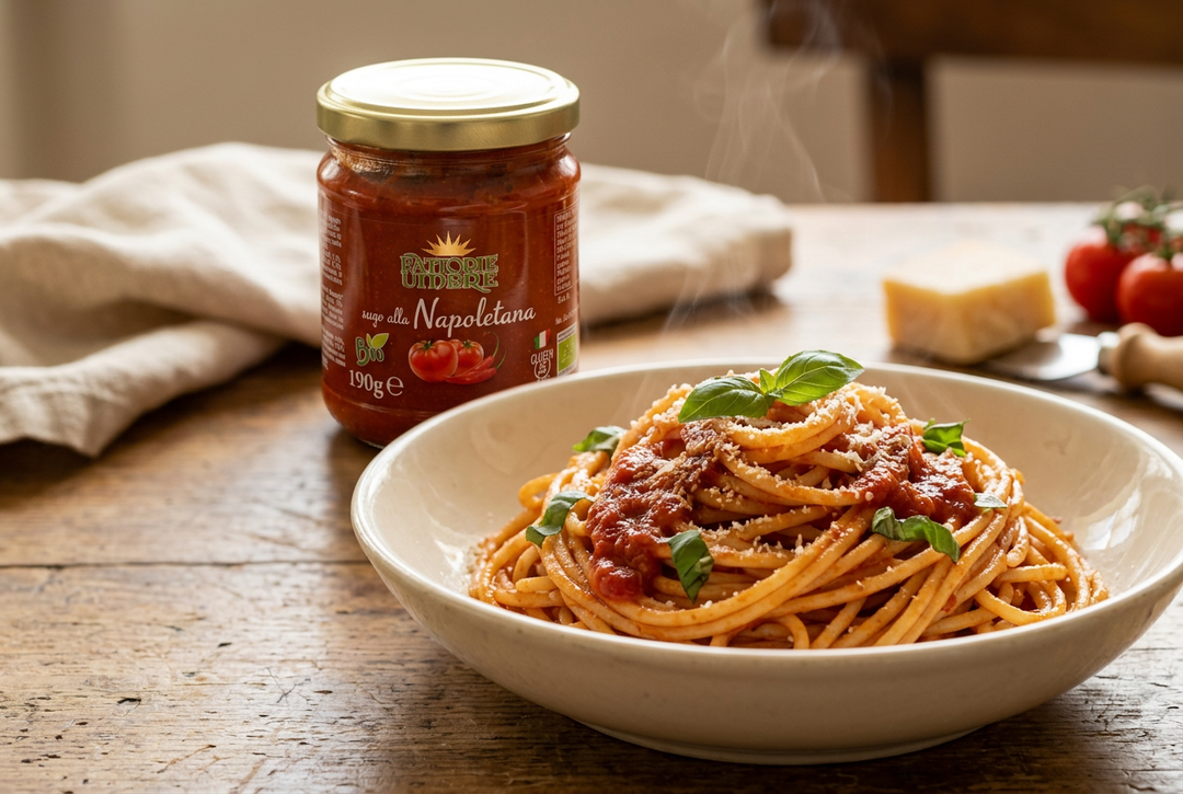 Bowl of pasta with tomato sauce, basil and parmesan, with a Fattorie Umbre Napoletana jar behind.