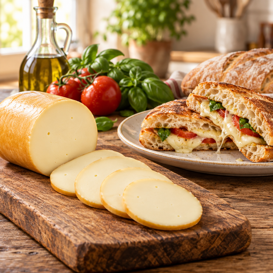 Serving suggestion: smoked provolone log and slices beside a toasted tomato and basil panini in an Italian kitchen.