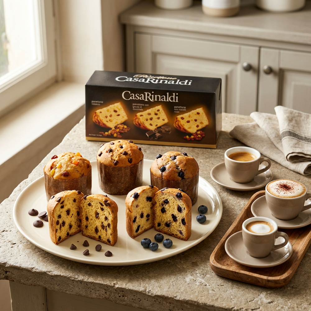 Casa Rinaldi mini panettone trio with three coffees on a kitchen bench