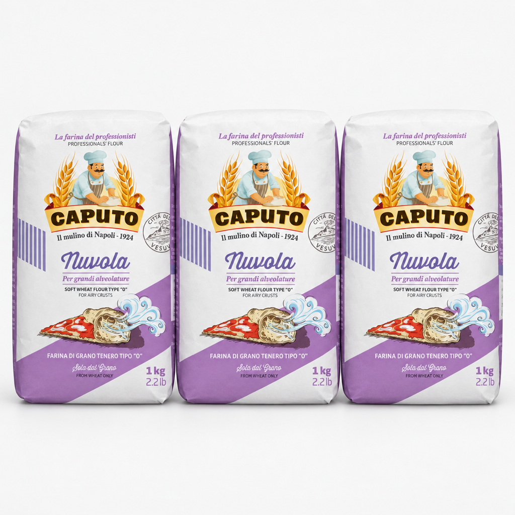 Three bags of Caputo Nuvola specialist pizzeria flour 1kg shown as a value pack