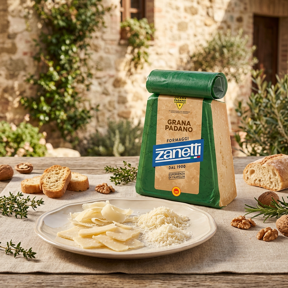 Grana Padano shavings and grated cheese on a plate with a partly unwrapped green Zanetti block behind.