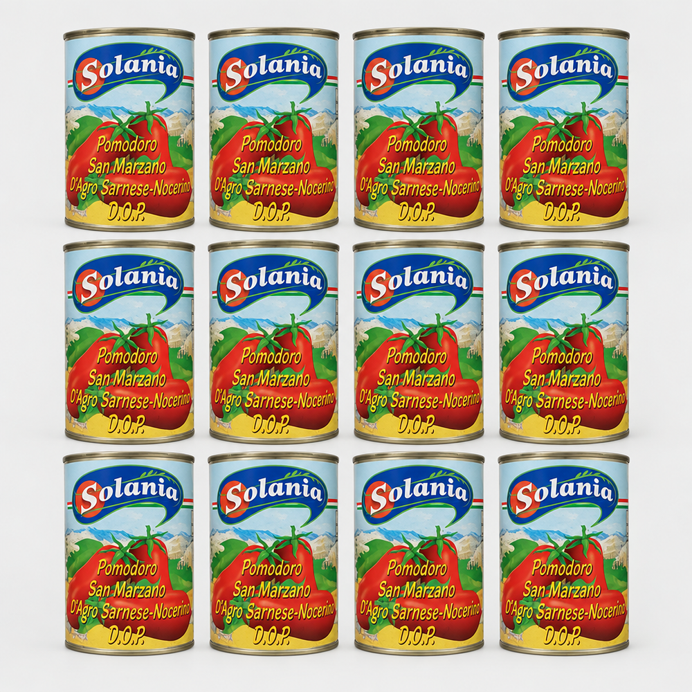 Twelve tins of Solania San Marzano DOP whole peeled tomatoes 400g arranged in a 4 by 3 grid