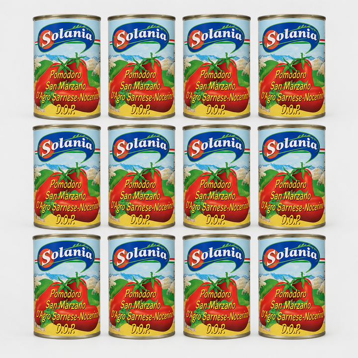 Twelve tins of Solania San Marzano DOP whole peeled tomatoes 400g arranged in a 4 by 3 grid