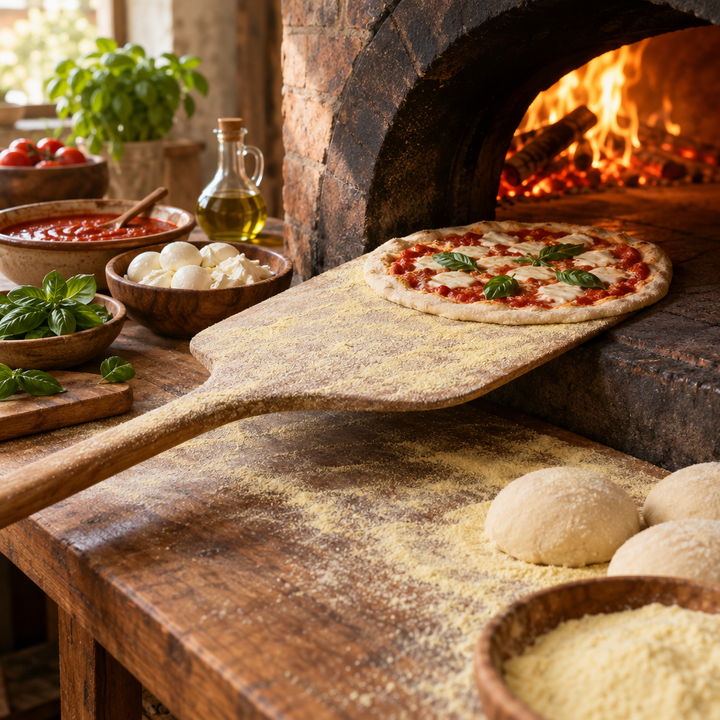 A semolina-coated pizza paddle sliding a pizza into a wood-fired oven, on a semolina-dusted bench with dough balls and pizza ingredients in bowls and on boards