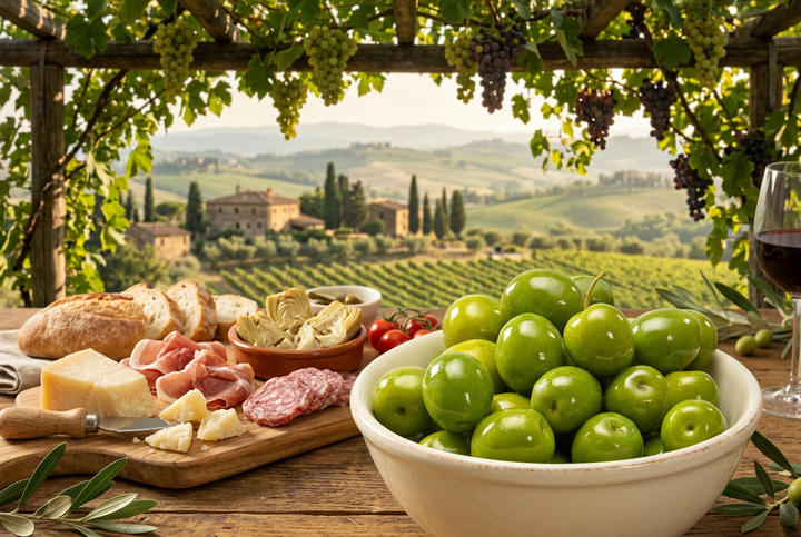 Bowl of green Nocellara Sicilian olives with an antipasto board beneath grapevines overlooking a valley in Chianti.