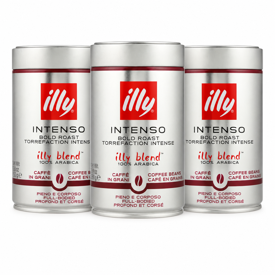 Three tins of illy Intenso coffee beans, 250g each