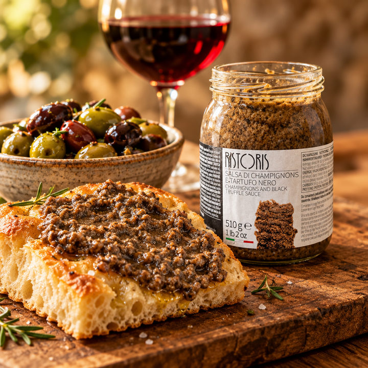 Ristoris Truffle & Porcini Paste spread on a piece of golden focaccia beside the open jar, with a bowl of mixed olives and an elegant glass of rich red wine in the background