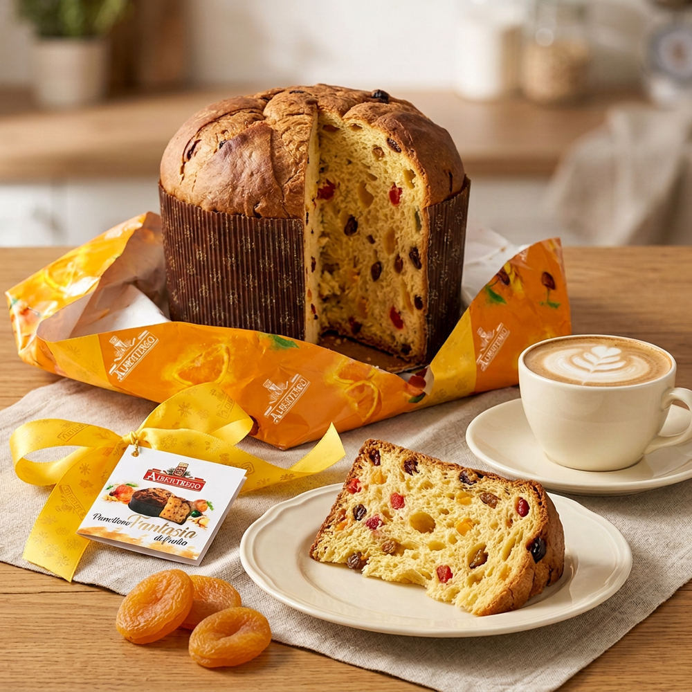 Albertengo panettone with plated slice, cappuccino and dried apricots
