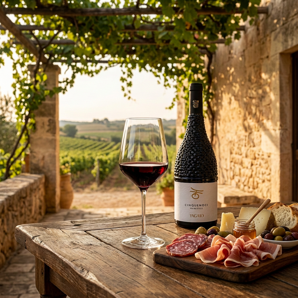 Tagaro Cinquenoci Primitivo with deep red wine and charcuterie beneath an Italian vineyard pergola.