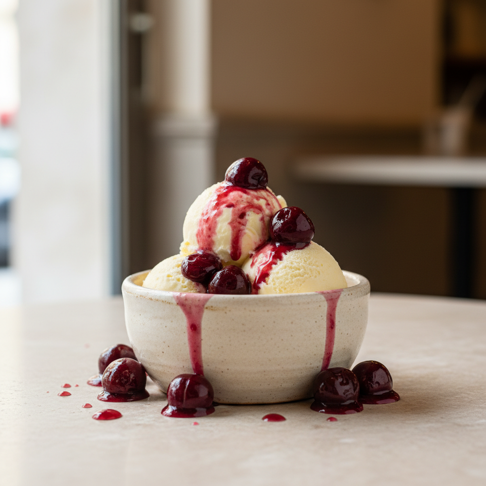 Vanilla ice cream topped with glossy Amarena cherries and cherry syrup in a ceramic bowl