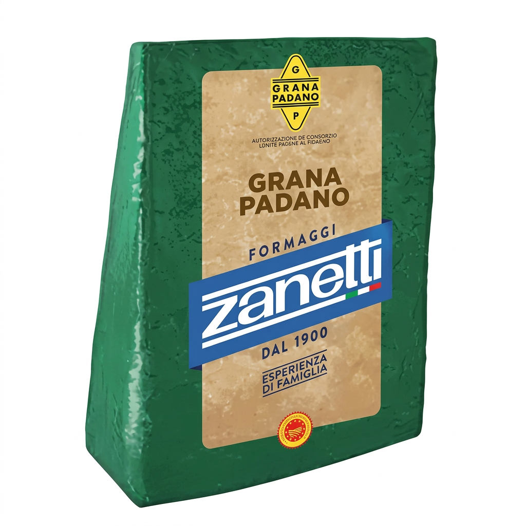 Zanetti Grana Padano DOP green cheese pack on a white background.