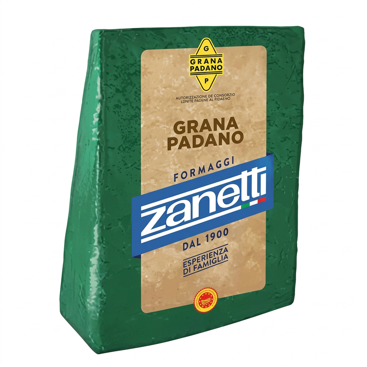 Zanetti Grana Padano DOP green cheese pack on a white background.