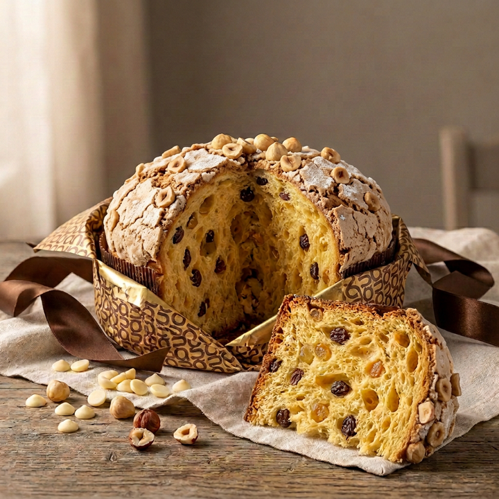 Sliced dried-fruit panettone with a crisp hazelnut glassato crust in partially opened gold wrapping, with white chocolate morsels and hazelnuts.
