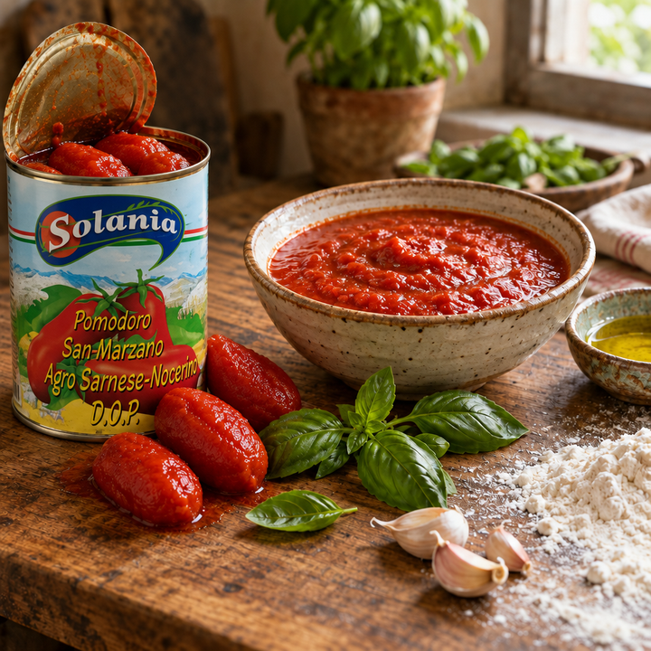 An opened Solania tin of San Marzano DOP whole peeled tomatoes next to a bowl of tomato sauce with basil, garlic, olive oil and flour in a rustic kitchen