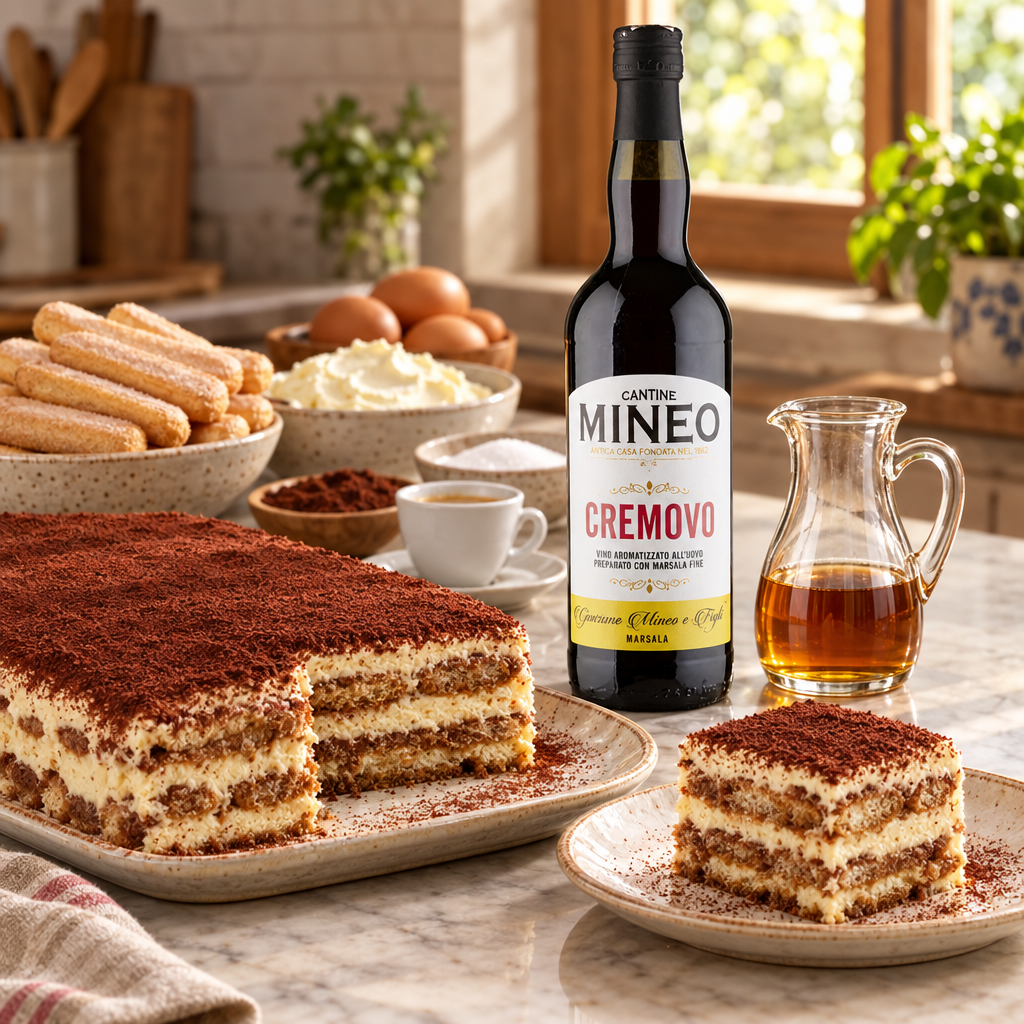 Mineo Cremovo Marsala bottle and glass jug beside a tiramisu with a slice removed to reveal its layers, with ingredients in the kitchen background