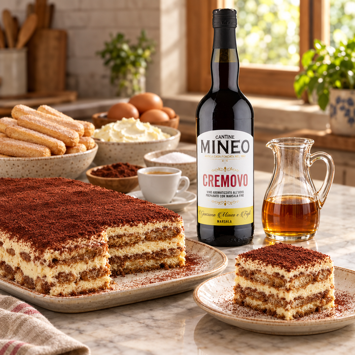 Mineo Cremovo Marsala bottle and glass jug beside a tiramisu with a slice removed to reveal its layers, with ingredients in the kitchen background