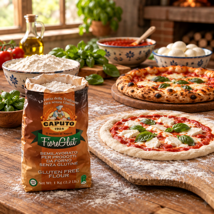 An open bag of Caputo FioreGlut gluten-free flour in the foreground of a kitchen bench with a flour-dusted pizza paddle holding a raw pizza, a second pizza on the bench, a bowl of flour and pizza ingredients