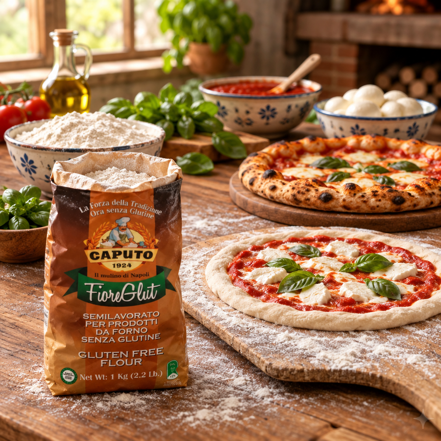 An open bag of Caputo FioreGlut gluten-free flour in the foreground of a kitchen bench with a flour-dusted pizza paddle holding a raw pizza, a second pizza on the bench, a bowl of flour and pizza ingredients