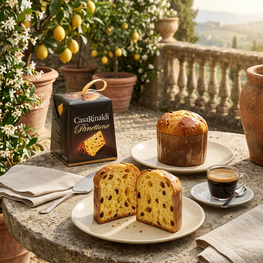 Casa Rinaldi traditional mini panettone with espresso on an Italian garden terrace