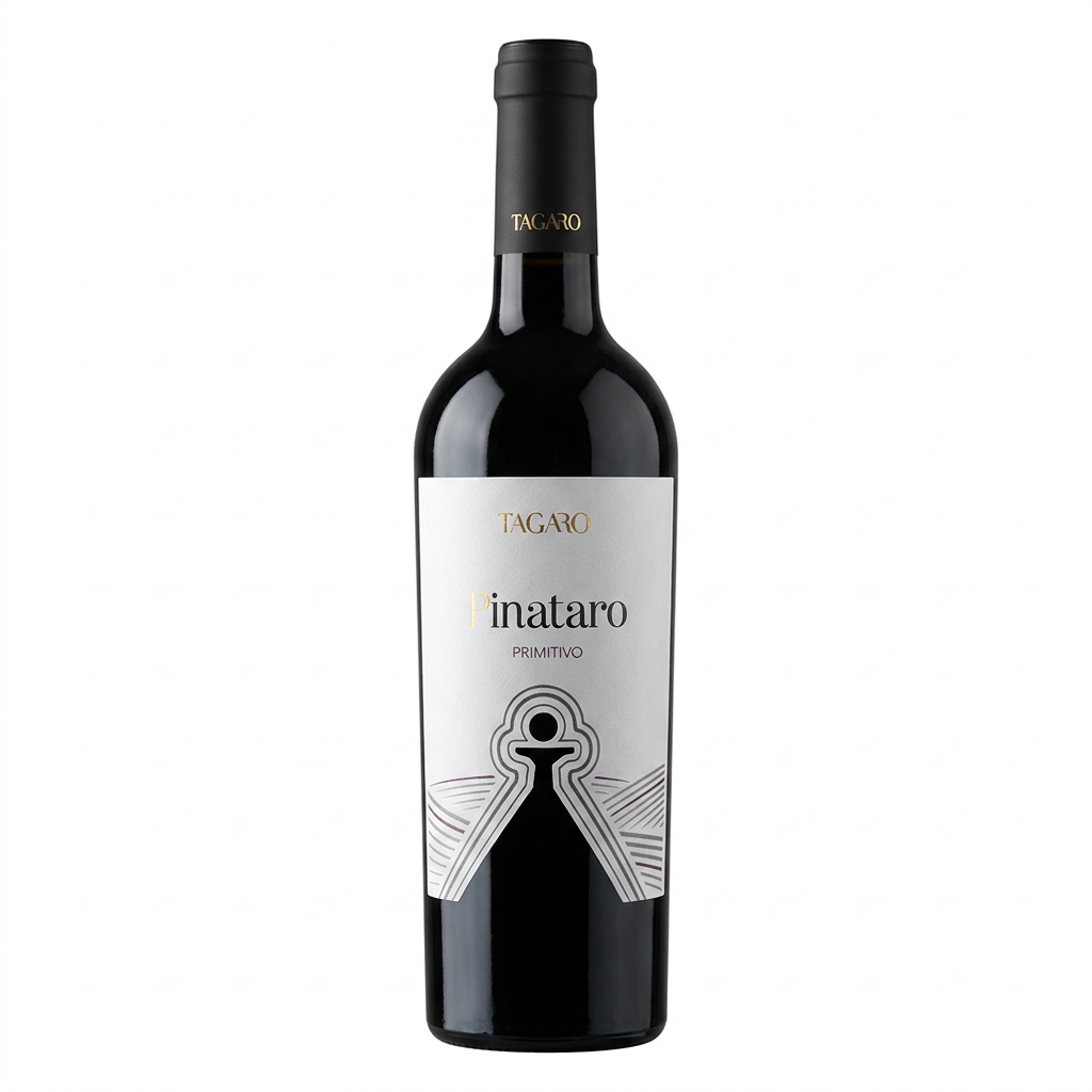 Full Tagaro Pinataro Primitivo bottle centred on a square white background.