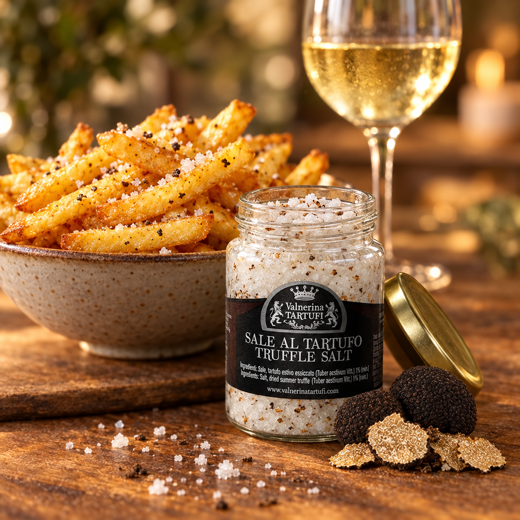 An open jar of Valnerina Truffle Salt in the foreground beside a bowl of crispy golden fries with salt crystals, with a glass of chilled white wine in an elegant stemmed glass in the background