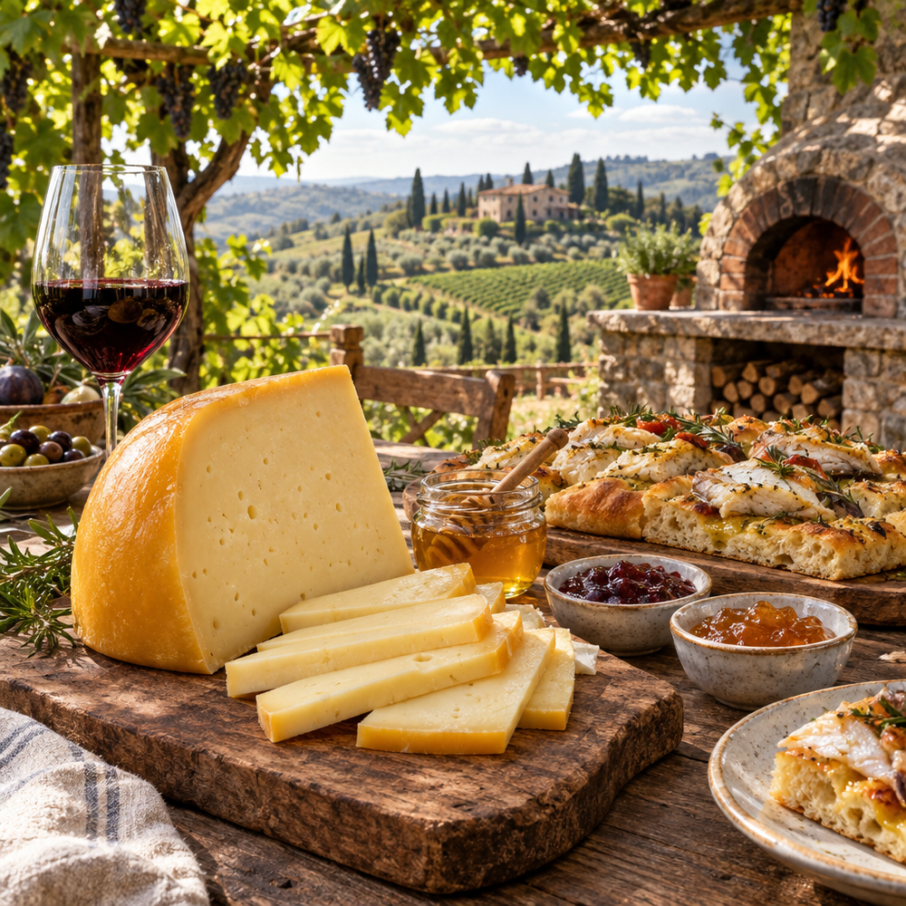 Serving suggestion: Piccante provolone with fish focaccia, honey, jams and red wine under a grapevine pergola, with a rustic pizza oven and Chianti hills behind.